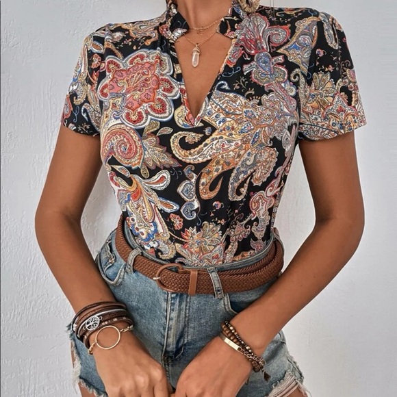 Boho Paisley Floral Print Notched Neck Top Blouse - Picture 6 of 10